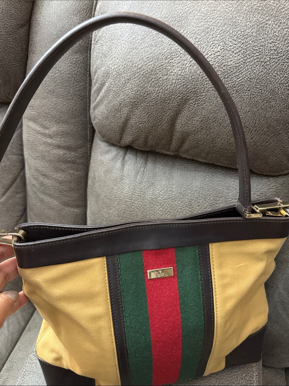 Gucci Canvas Shoulder Bag with Green and Red Stripe - Picture 6 of 9